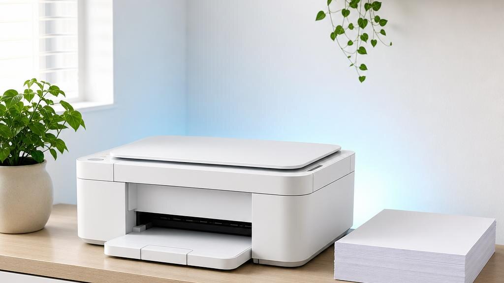 Compact home printer with an empty output tray and a paper stack on a low cabinet.
