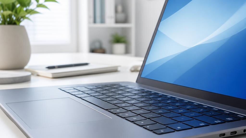 Low-angle view of an open laptop keyboard and touchpad on a white desk.
