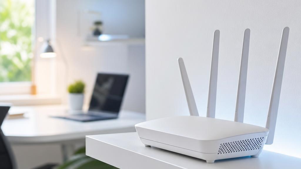 Wireless router with raised antennas on a shelf above a home-office desk.